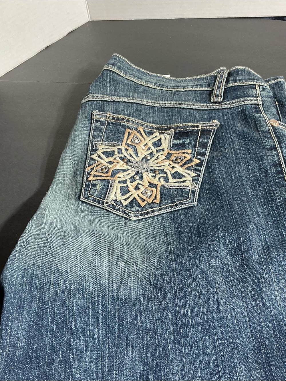 Women’s Dark Blue Bootcut Jeans with Embroidered Pocket